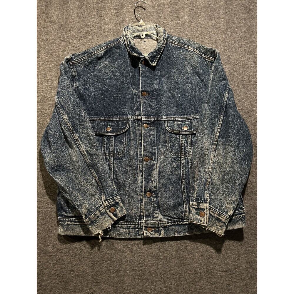 Vintage Lee Easy Rider Black Denim Jacket Mens‎ Distress Green Stitch XL USA EUC